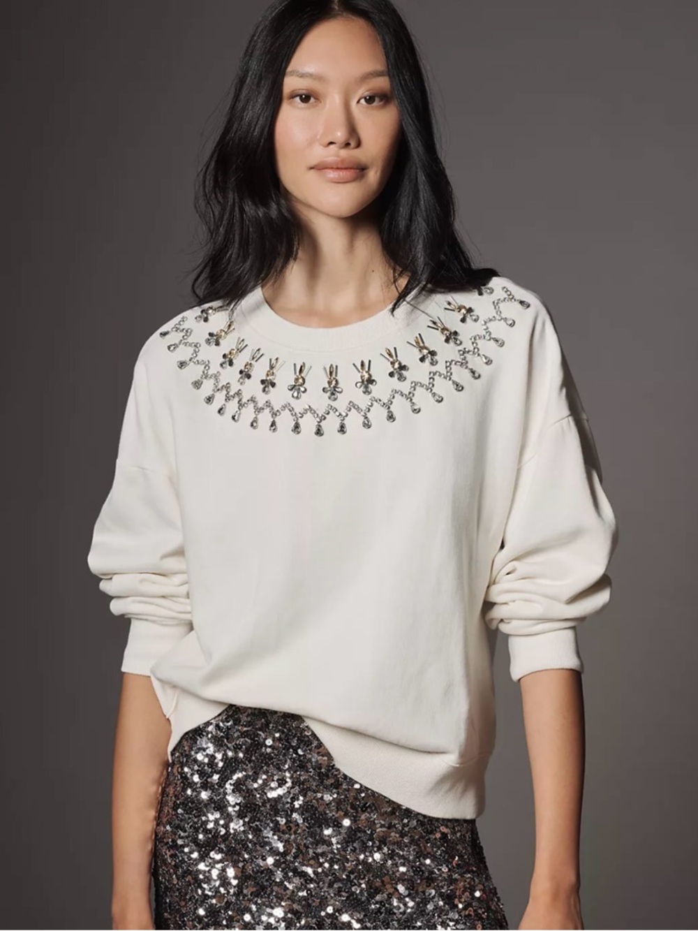 NWOT Anthropologie Maeve Embellished Crewneck Sweatshirt in White Cream XS